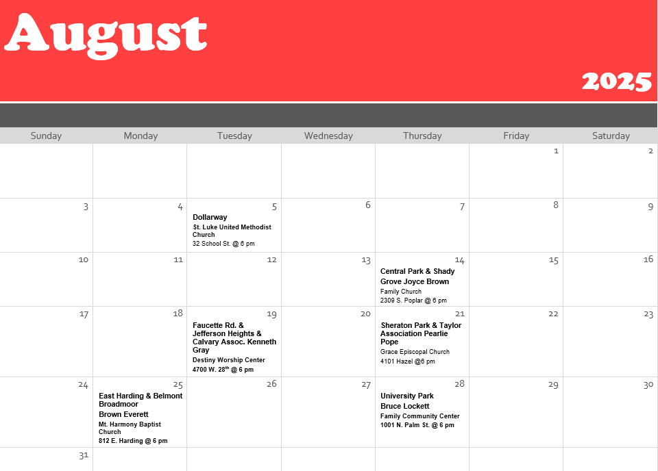 August NHW Calendar